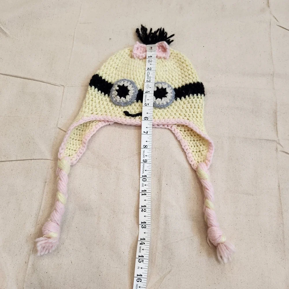 Handcrafted Minion Earflap Beanie Hat Braids Pink Bow Girls Kids Youth Handmade
